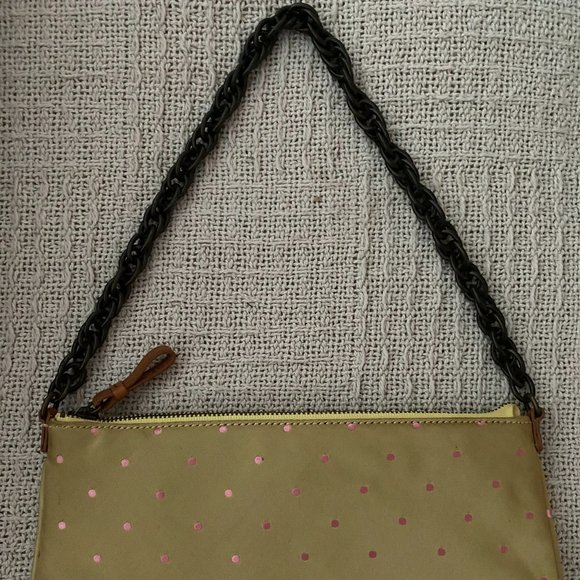 Vintage J. Crew Green with Pink Polka Dot Silk Clutch with Chain - Picture 3 of 10
